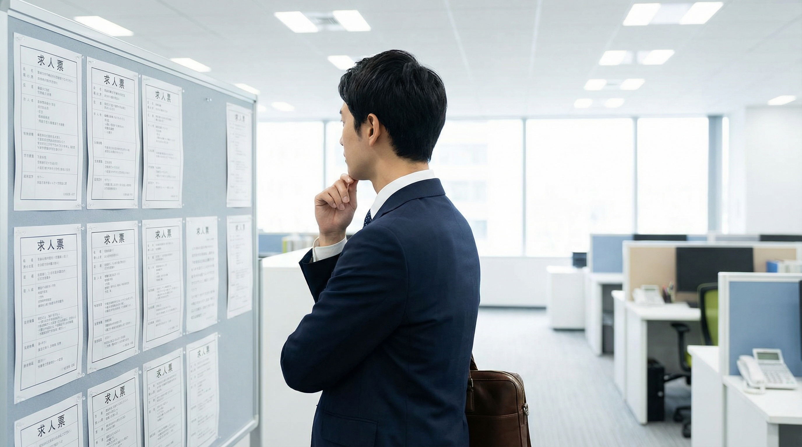 求人掲示板を指さして求人を探す様子