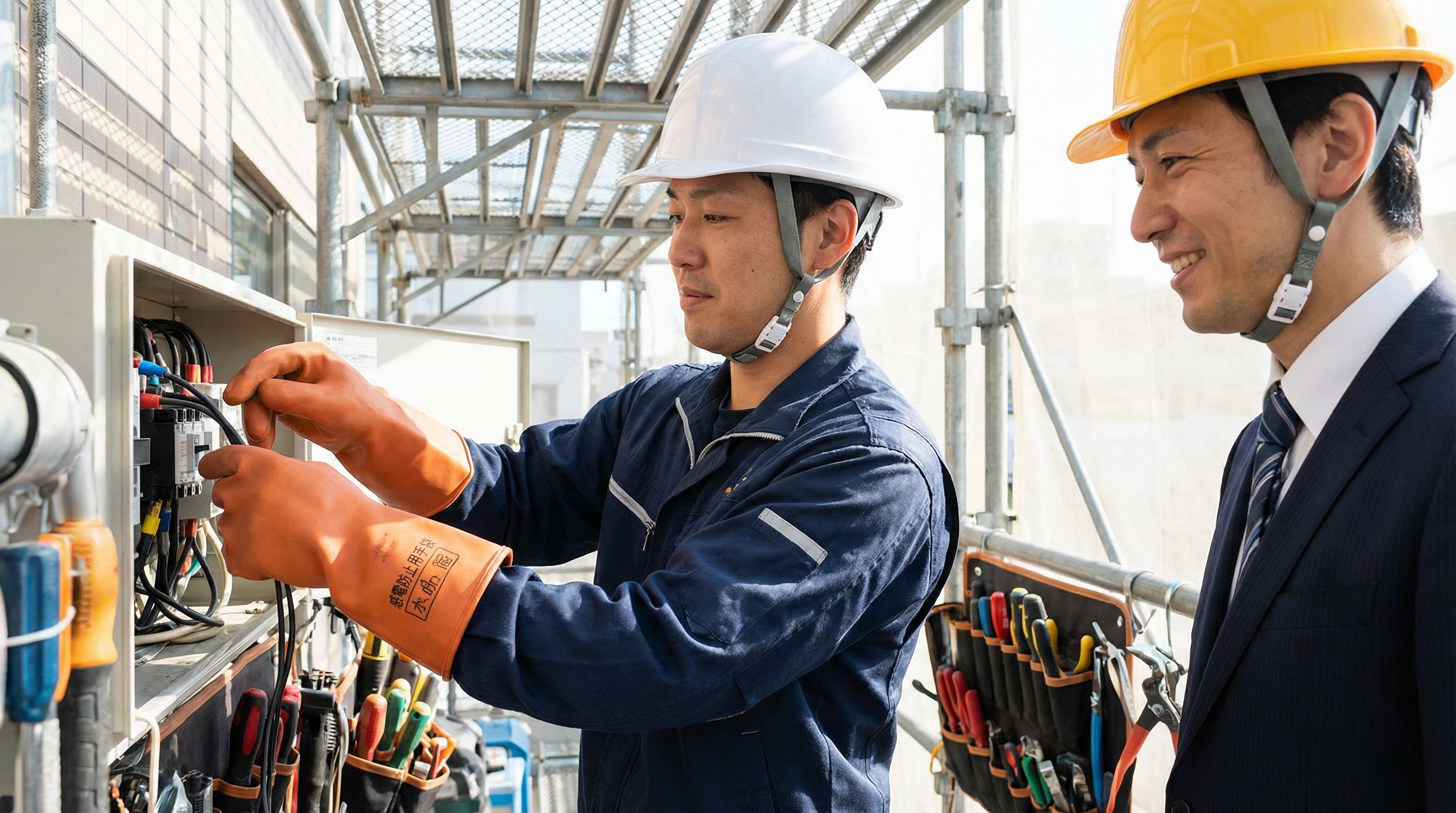 頼られる電気工事士(安全装備着用)